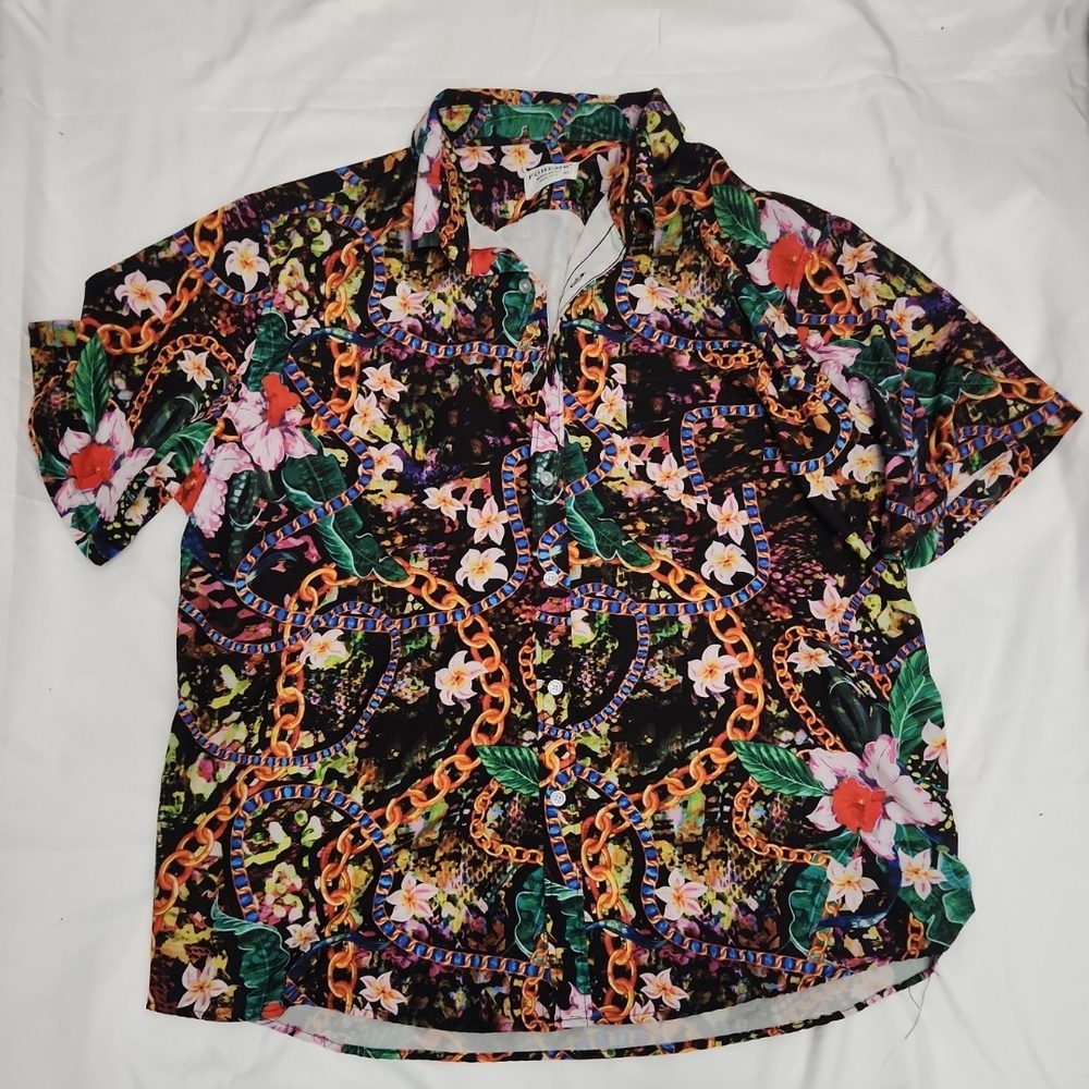 Fohemr men's size large black Hawaiian chain button shirt #G04